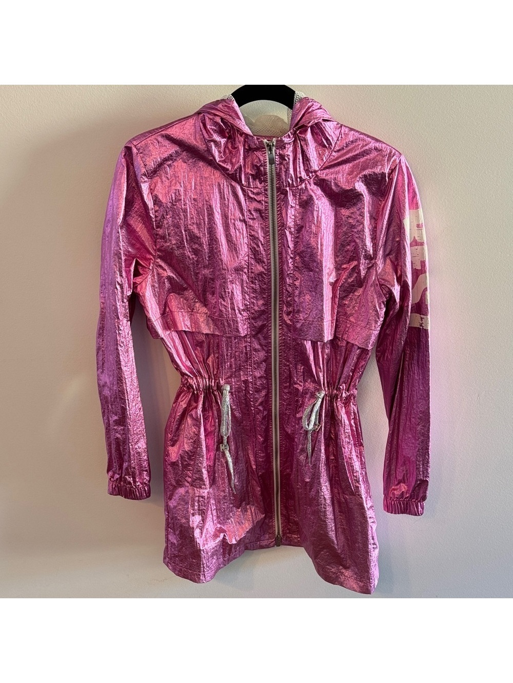 Tricotto Pink Metallic Utility Jacket with Hood and Adjustable Waist, Size XS